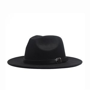 Autumn winter Flat Brim Wool Felt Fedora Hats with buckle Jazz Formal Hat Panama Cap plain hat Men Women big brim felt hat