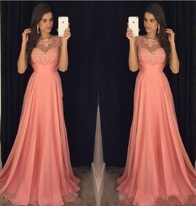 Hot Evening Dresses Wear Jewel Neck Lace Appliques Crystal Beaded Chiffon Floor Length Plus Size Sparkly Formal Cheap Party Prom Gowns