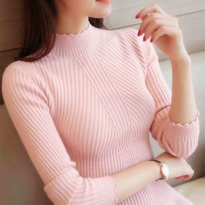 Venda 2019 mulheres primavera senhoras de manga longa gola alta magro malha fina camisola top femme coreano puxar camisas apertadas casuais