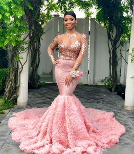 Illusion Pink Long Sleeves Evening Dresses Sequins Flowers Sheer Neck Sweep Train African Jewel Applique Prom Party Gowns