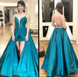 Prom Pea Blue Dresses Front Slit Satin Spaghetti Straps Sexy Criss Cross Back Custom Made Evening Party Gowns Formal Ocn Wear