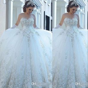 Nowe seksowne vintage suknia balowa suknie ślubne kochanie 3D kwiaty kwiatowe aplikacje koronkowe zamiatanie pociągu plus size formalne suknie ślubne