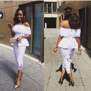 Cheap Elegant Nigerian Lace Tea Length Cocktail Dresses Sheath bateau neck back Split arabic Short formal Party Evening Gowns