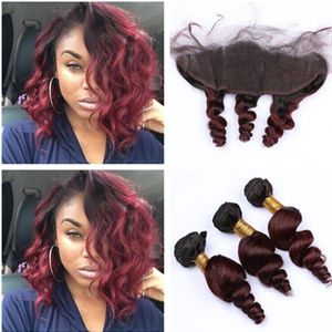 Ombre Color 1B 99J Loose Curly Virgin Hair Weaves z zamknięciem czołowym 13x4 Burgundia Czerwony Bezpłatny Część Czołowa z Ombre Loose Fale 3