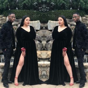 Plus Size African Black Velvet Long Prom Dresses Full Sleeve Formal Evening Gowns Side Split Party Gala Dress Cheap Robe de soirée SD3385