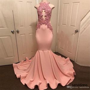 Sexy Peach-Pink Mermaid Prom Dresses Halter Neck Robe De Soiree Dress Dress Abiye Lace Aplikacje Długa Wieczorowa Party Nosić formalną sukienkę