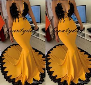 Sexy Daffodil Mermaid Prom Dresses Halter Neck Black Applique Koronki Formalna Dress Arabski Dubaj Sweep Pociąg Suknie Wieczorowe Ogstuff Custom