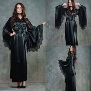 Schwarze Frauen Nachtrobe Bademantel Hochzeit Braut Brautjungfer Roben Silk Satin Spitze Nachtwäsche Pyjamas Lange Wäsche Braut Party Dusche Robe