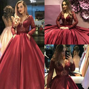 2019 Dark Red A Line Prom Dresses V Neck Koronki Appliqued Cekiny Długie Rękawy Suknie Wieczorowe Z Kieszeniami Shinny Specjalnej okazji Dress