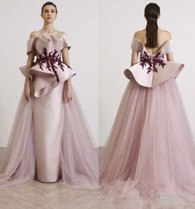 Fancy Evening Dresses With Tulle Overskirt Off Shoulder Beaded Appliqued Formal Prom Dress Fashion Backless Party Gowns 4015