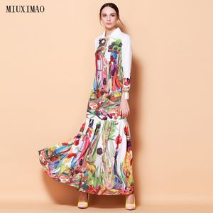 High Quality Newest Fashion Runway Turn Down Collar Maxi Dress Women's Long Sleeve Retro Art Printed Designer Long Dress T5190617