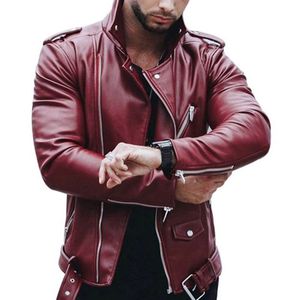 Oeak Autumn Winter Casual Zipper PU Leather Jacket red black Plus size 2019 Motorcycle Faux Jacket Men Slim Fit Streetwear new