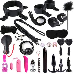 Sex Toys para Casais Exotic Leather Acessórios PU BDSM Sex Bondage Set Lingerie Mão s chicote corda Anal Vibrador Sex Shop Y191203