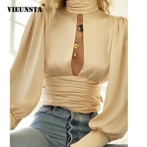 Women's Blouses & Shirts Elegant Long Sleeve Blouse New Autumn Turtleneck Satin Silk Women Shirt Boho Hollow Out Backless Bow Tie Womens Tops and Blouses