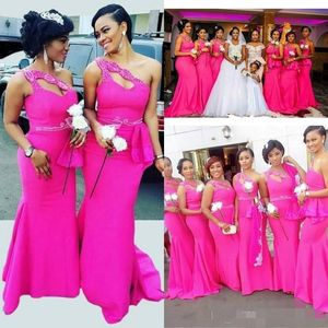 Mermaid Bridesmaid Fuchsia Dresses One Shoulder Beaded Sweep Train Custom Made Maid Of Honor Gown Plus Size Wedding Guest Party Wear 0420