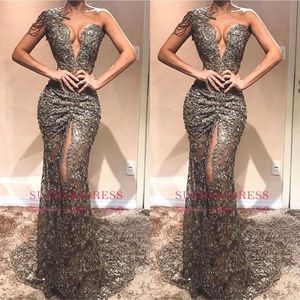 Sexy Sheer Lace Prom Dress Deep V Neck Evening Dresses Sexy High Slit One Shoulder Formal Party Gown Plus Size BC0568