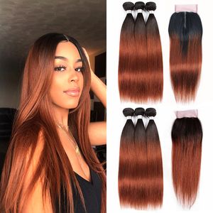 Två ton Ombre Auburn Brasilianska Virgin Hair Weave 3 buntar med 4x4 spetsförslutning 1b / 33 Black Roots Råa Human Hair Extensions Pre-Colored