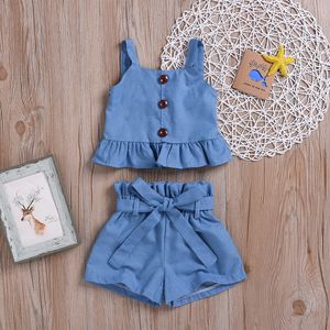 5597 Baby Girls Set Kids Ruffles Suntop + Bowknot Shorts Girls 2pcs Set Crianças Roupas