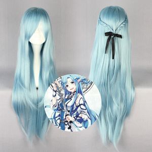 Grossistfri frakt80 cm SAO ALO Titania Yuuki Asuna Water Fairy Long Rak Aqua Blue Cosplay Full Peruk