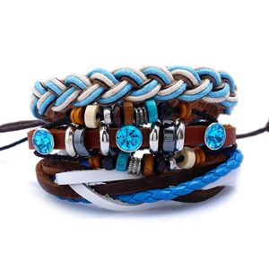 Сплав круг коричневые деревянные бусины кожаные мужские браслеты со стразами синий многослойные плетеные волны браслеты для его ювелирных изделий