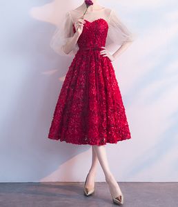 袖秋の花嫁介添人のドレスの濃い赤い花嫁介添人ドレス新しい到着の無料送料安い輸送