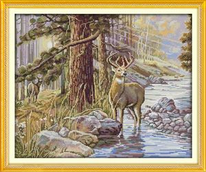 Stag winter snow home decor painting ,Handmade Cross Stitch Craft Tools Embroidery Needlework sets counted print on canvas DMC 14CT /11CT