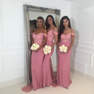 Vestido de Festa Longo Sexig V Neck Mermaid Pink BridEMaid klänningar Lace Prom -klänningar Bröllopsfestklänningar med Train281s