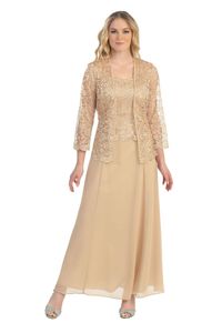 Gold Spitze Chiffon Kleider für die Brautmutter Knöchellange Spitzenjacke Damen Formelles Partykleid Sommer Strand Abendkleider in Übergröße