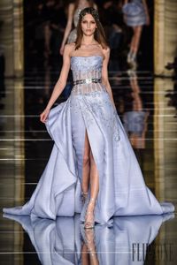 Zuhair Murad Prom Klänningar Strapless Beaded Appliqued Sexig High Side Split Satin Blue Formal Party Gowns Custom Made Evening Gowns