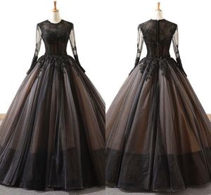 Vintage Czarne Suknie Ślubne Illusion Długie Rękawy Koronki See Chociaż Top Ruched Tulle Zipper Ball Gown Robes De Mariée Party Formalna Dress