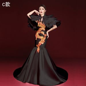Elegante Cheongsam nero Abbigliamento sexy in stile cinese Novità Vestito lungo da spettacolo per feste a coda di pesce Robe De Soiree