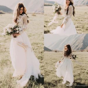 New White Bohemian Country Wedding Dresses Sheer Neck Long Sleeves A-Line Lace Applique Chiffon Boho Bridal Gowns Vestidos De Marriage