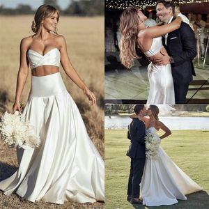 Two Piece Wedding Dresses Sexy Sweetheart Waistless Ruched Satin Bridal Gown Backless Sweep Train Custom Made Cheap Robes De Mariée