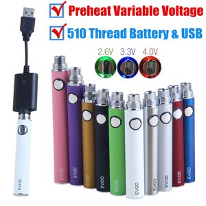 MOQ 10st Preheat VV Variabel spänning 510 trådbatteri 650 900 1100mAh evod twist eGo ecig batterier för MT3 CE4 CE5 atomizer