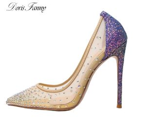 Casual Designer Sexig Lady Mode Kvinnor Klänning Skor Lila Glitter Bröllop Brud God kvalitet Stiletto High Heels Party Pumps 12cm Storlek 44