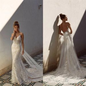 Sexiga sjöjungfru bröllopsklänningar med avtagbar tåg Spaghetti-band Applique Lace Bridal Gown Backless Sweep Train Vestidos de Novia