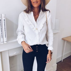 2019 Spring Summer Ruffles Blouse Women Ladies Casual Lace Polka Dot O Neck White Shirt Long Sleeve Tops Blusas Female#p2