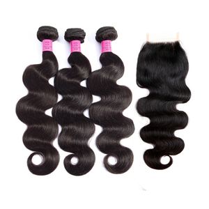 Brazilian Virgin Hair 3 Bundles With 4X4 Lace Closure Body Wave Human Hair Extensions Natural Color 4 Pieces/lot 10-30inch