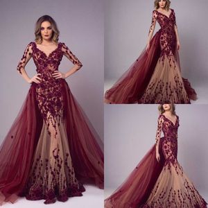Elegant Long Sleeve Mermaid Evening Dresses with Detachable Train 3D Floral Appliques vestidos de gala Custom Made Prom Gowns