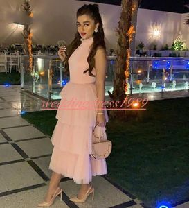 Beautiful Tiered Tulle Homecoming Dresses Juniors 2019 High Neck Arabic Occasion Dress Tea Length Short Prom Dress Cocktail Party Club Wear