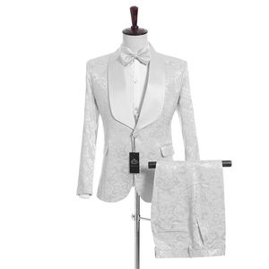 Moda Tasarımı Beyaz Jakarlı Damat Smokin Şal Yaka Groomsmen Erkekler Gelinlik Erkek Ceket Blazer 3 Parça Takım Elbise (Ceket + Pantolon + Yelek + Kravat) 56