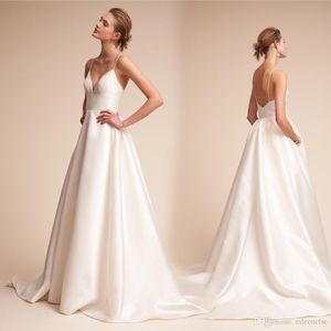 Beach Bohemian A-Line Suknie ślubne Satin Spaghetti Paski Długość Piętra Backless Suknia Ślubna Suknia Bridal Vestidos de Noiva Custom