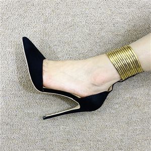 Casual Designer moda donna scarpe in pelle scamosciata nera oro cinturino alla caviglia punta a spillo spogliarellista tacchi alti per la signora Prom pompe da sera di grandi dimensioni 44 12 cm