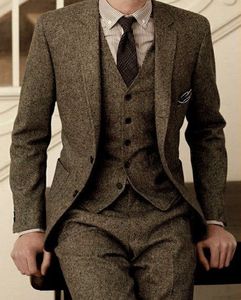 Autunno Inverno Popolare Marrone Tweed Smoking Dello Sposo Notch Risvolto Due Bottoni Moda Uomo Abito Da Sposa Uomo 3 Pezzi Vestito (Giacca + Pantaloni + Cravatta + Gilet) 91