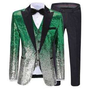 Abito da uomo in argento verde Abito con paillettes lucide Abito da smoking in oro slim fit Blazer + gilet + pantaloni per costume da palcoscenico per banchetti di nozze