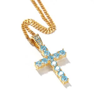 Light Blue Diamond Cross Pendants Necklace Jewelry Platinum Plated Men Women Lover Gift Couple Religious Jewelry