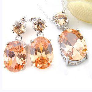 LuckyShine Woman's Oval Champagne Morganite Gemstone Silver Elegant Attractive Dangle Stud Earrings Pendants Jewelry Sets New