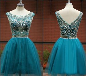 Fashion High Quality Crystal Beaded Scoop Neckline Tulle Short Homecoming Dresses A-Line Backless Sexy Prom Party Gowns HY1547