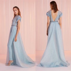 2020 Fashion Evening Dresses Bateau Capped Sleeve Lace Appliques Prom Gowns Custom Made Backless Sweep Train Special Occasion Dress