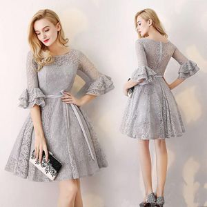 Silver Gray Lace Short Bridesmaid Dresses Flare 1/2 Long Sleeves Bow Sash Knee Length Wedding Guest Maid Of Honor Dresses BD9052